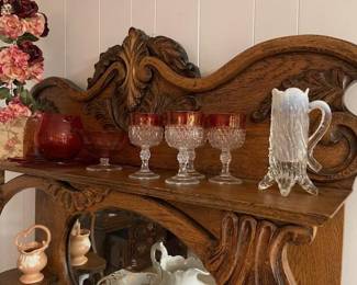 Beautiful oak server with red crackle glass, ruby and clear hobnail, art glass handled mug