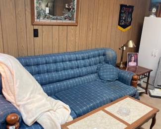 Blue country sleeper sofa, coffee table (there are matching end tables)