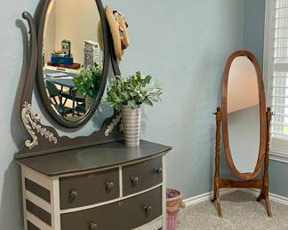 ANTIQUE SHABBY CHIC DRESSER, OVAL WOOD DRESSING MIRROR