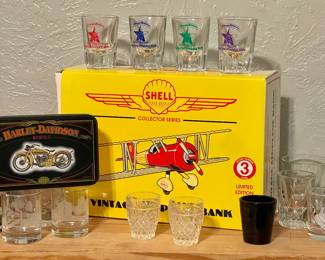 ROUGH RIDERS SHOT GLASSES, SHELL AIRPLANE BANK
