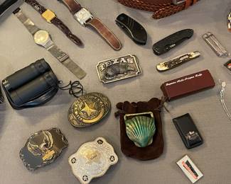 BELT BUCKLES, KNIVES, WATCHES, BINOCULARS