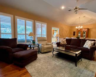 LIVING ROOM FURNITURE, AREA RUG, METAL/GLASS COFFEE & END TABLES