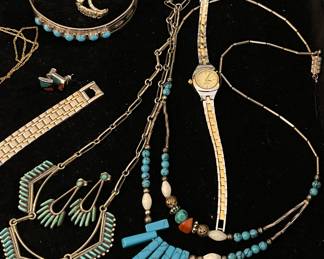 VINTAGE STERLING ZUNI TURQUOISE NEEDLEPOINT NECKLACE & DANGLE EARRING, NATIVE AMERICAN TURQUOISE CUFF BRACELET