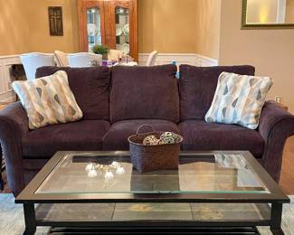 LA-Z-BOY SOFA, METAL/GLASS COFFEE TABLE