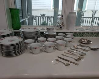 CHINA SET, CANDLE STICKS AND SERVING SPOONS