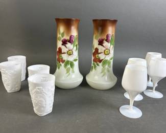 Lot 89 || Vintage Fostoria Painted Vases & Milk Glass Cups