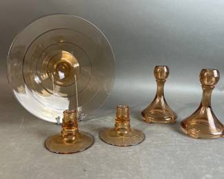 Lot 55 || Vintage Fostoria Amber Glass Bowl & Candle Holders