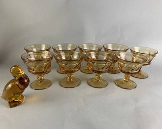 Lot 60 || Fostoria Amber Footed Goblets & Art Glass Duck