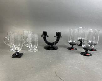 Lot 86 || Fostoria Ebony & Etched Glass Cups & Candle Holder