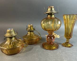 Lot 23 || Vintage Fostoria Amber Coin Glass Lamps & Vase