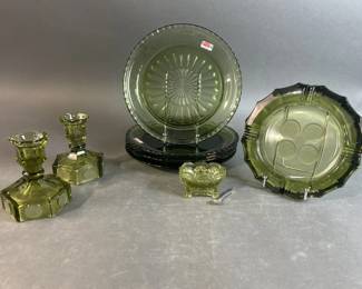 Lot 31 || Vintage Fostoria Olive Green Glass & Coin Glass