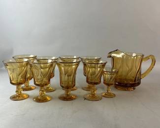 Lot 77 || Fostoria Jamestown Amber Pitcher & Goblets