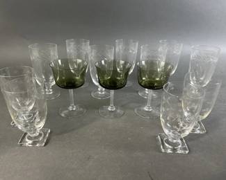 Lot 94 || Vintage Fostoria Green & Etched Glasses Assortment