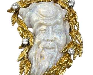 14K Gold Chinese Carved Opal & Diamond Pendant