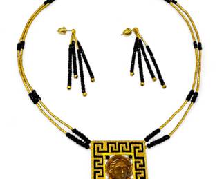 23K Yellow Gold Beaded & Blue Sapphire Jewelry Set