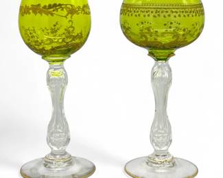 (2) St Louis Style Green Crystal Enameled Goblets