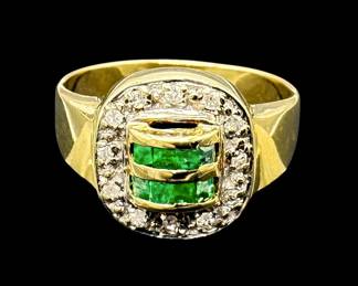 14K Yellow Gold Diamond & Emerald Ring