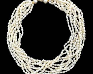 14K Yellow Gold (10) Strand Seed Pearl Necklace