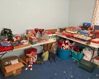 Lots of nice Christmas decor on left.  Vintage games and toys on right