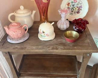Rustic 2 Tier Rolling Side Table, 1950's Molded Ceramic Bee Hive Honey Jar