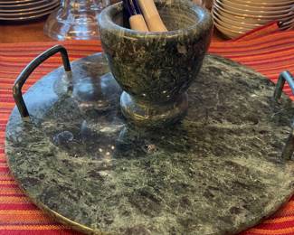 Green Marble Cheese Tray with Matching Mortar & Pestle