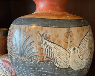 Tonala Mexican Pottery Vase with Floral/Bird Design