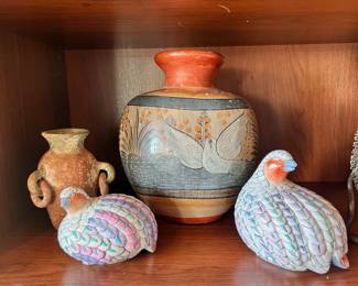 Tonala Mexican Pottery Vase with Floral/Bird Design, Folk Art Terra Cotta Stoneware Vessel, Pair of Japanese Hand Painted Ceramic Quails 
