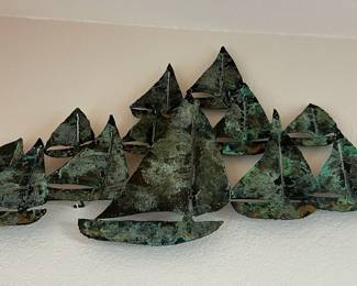 Green Patina Metal Sailboat Wall Art Sculpture