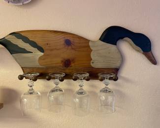 Wood Carved Stained Duck Wine Glass Holder