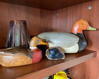 Carved Wood and Painted Duck Decoys, Sliced Blue Agate