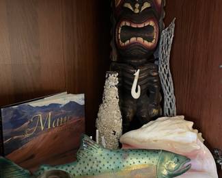 Tiki God Wood Carved Sculpture, Conch Shell