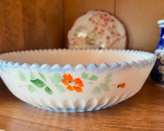 Floral Painted White Ceramic Bowl with Scalloped Edge