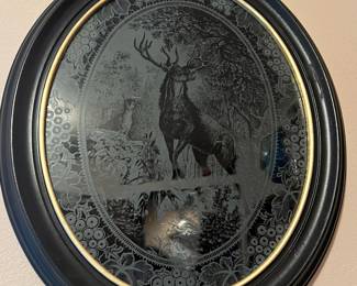 Framed Etched Glass with Wildlife Scene