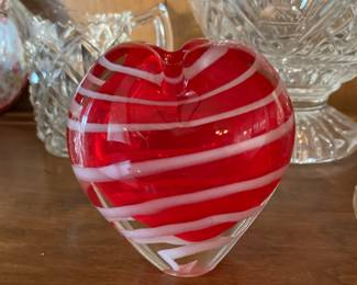 Red, White Striped Heart Shaped Art Glass Vase