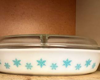 Pyrex White with Blue Snowflake Divided Dish