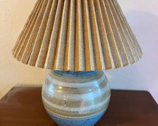 Blue, Tan & Cream Stoneware Table Lamp with Burlap Shade