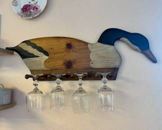Wood Carved Stained Duck Wine Glass Holder
