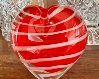 Red, White Striped Heart Shaped Art Glass Vase