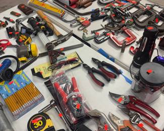 Assortment of Hand Tools - Pliers, C-Clamps, Measuring Tape, Wrenches, Pruners, Hammers
