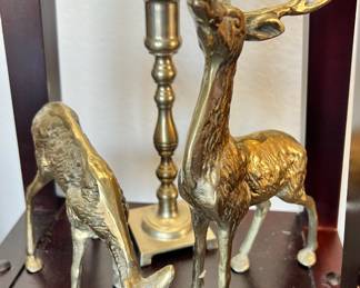 Pair of Brass Reindeer Figurines, Brass Candle Stick Holder