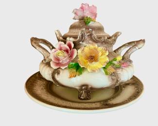 Huge Italy CAPODIMONTE Flowers Footed Bowl Tureen Centerpiece With Lid 13”H