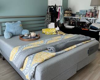 Gray & yellow comforter, gray throw, King, yellow and white duvet, cover and pillow Shams. King mattress is for sale and is made by Casper. Half off of original price