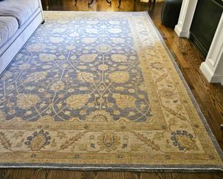 Hand Made Wool Rug in Beige and Blues - 11.5ft  x 9ft