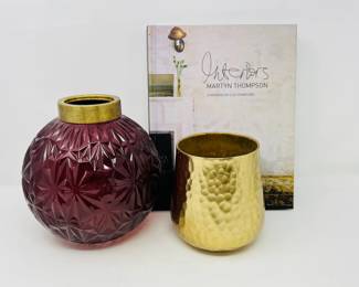 Decorative Home Accents Lot - Ruby Glass Vase, Gold Hammered Candle Holder & Interior Design Book Martyn Thompson