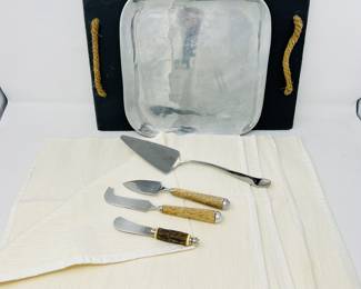 Nambe Alloy Metal Square Serving Platter, Oven Safe – 11 Inch and Slate Rock Cheese Serving Set