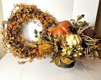 Fall Decor Lot! Large Autumn Floral Arrangement in Pedestal Bowl Plus Fall Leaves Wreath