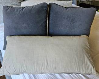 Lot of Three Down Filled Throw Pillows - Dark Gray Velour and Cream Linen Lumbar