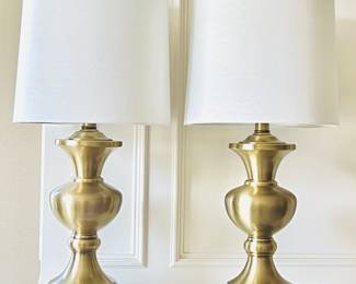 24” Pair of Brass Tone Table Lamps with White Shades.