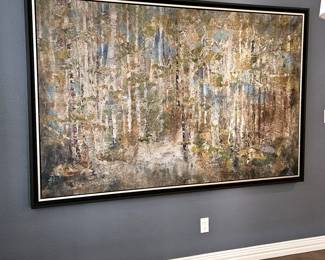  Very Large Oil on Canvas Wall Art Piece - Abstract Forest in Warm Colors - Black Frame 7ft Wide x 55"H
