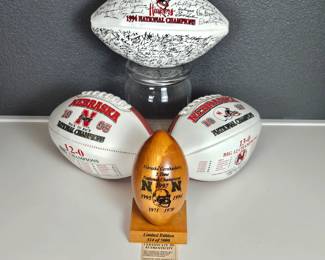  Nebraska Huskers Fans Lot! Three Footballs Plus Wood Laser Carved Football "5 time Champs" Limited Edition